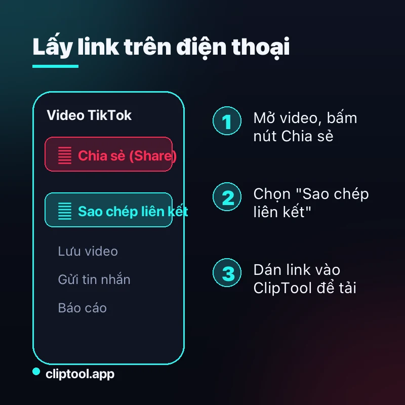 Cách lấy link video TikTok trên điện thoại: bấm Chia sẻ rồi chọn Sao chép liên kết