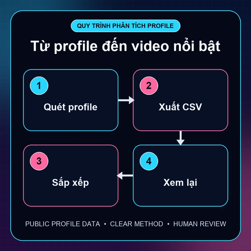 Quy trình bốn bước quét profile, xuất CSV, sắp xếp số liệu và xem lại video nổi bật