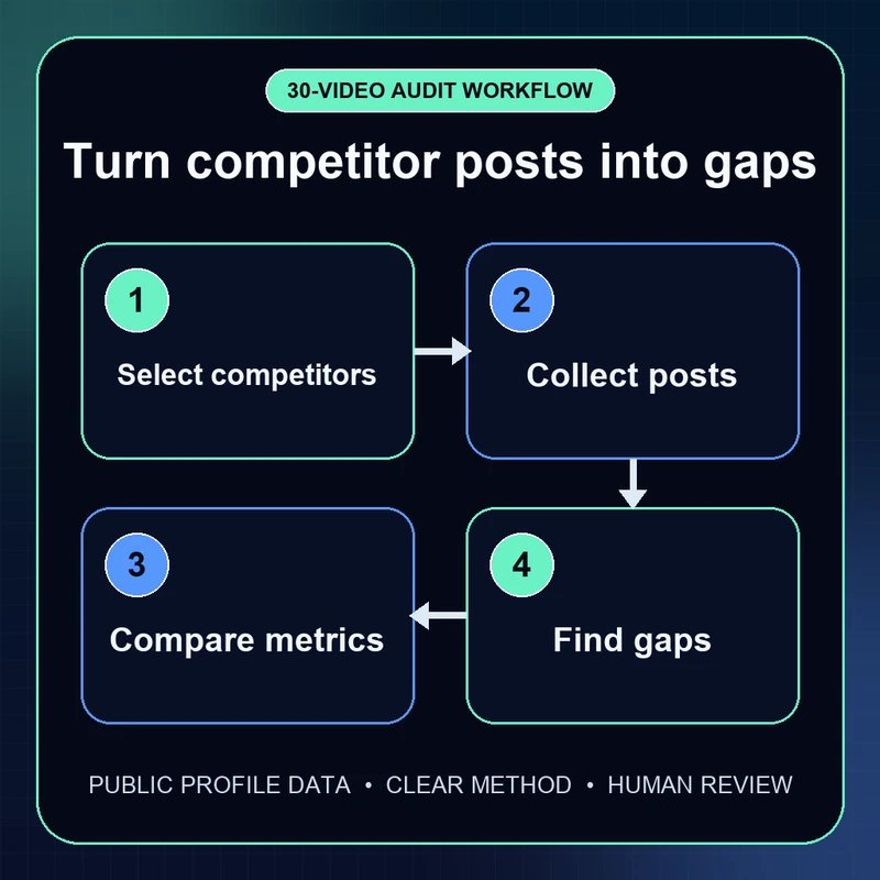 Competitor research flow from account selection and post collection to metric comparison and gap finding